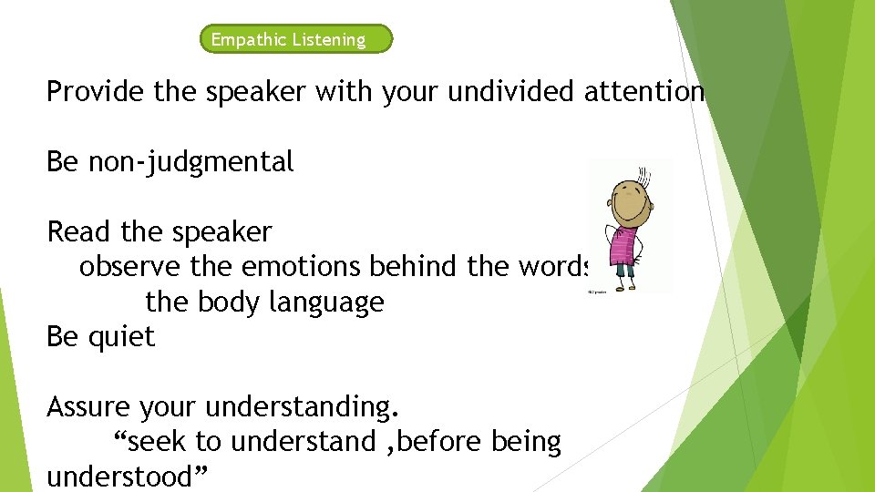 Empathic Listening Provide the speaker with your undivided attention Be non-judgmental Read the speaker