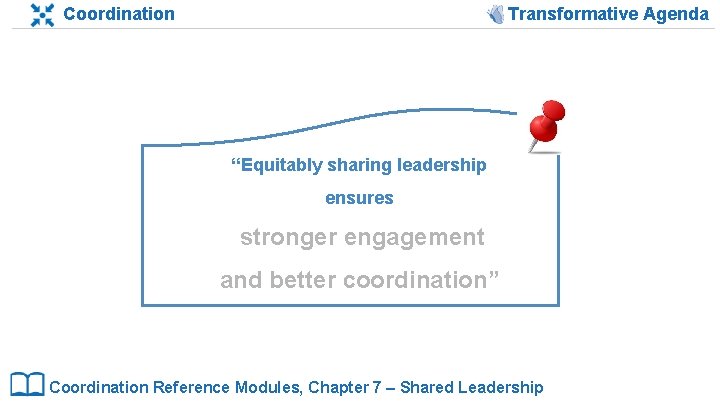 Coordination Transformative Agenda “Equitably sharing leadership ensures stronger engagement and better coordination” Coordination Reference