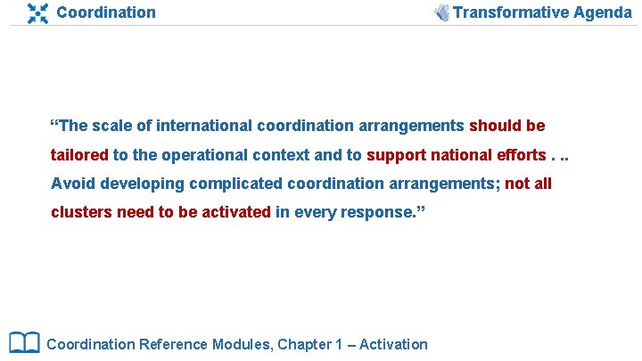 Coordination Transformative Agenda “The scale of international coordination arrangements should be tailored to the