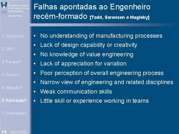 O DESENVOLVIMENT O DE PRODUTO NA ENGENHARIA Arlindo Silva 1. Objectivo 2. DP? Falhas