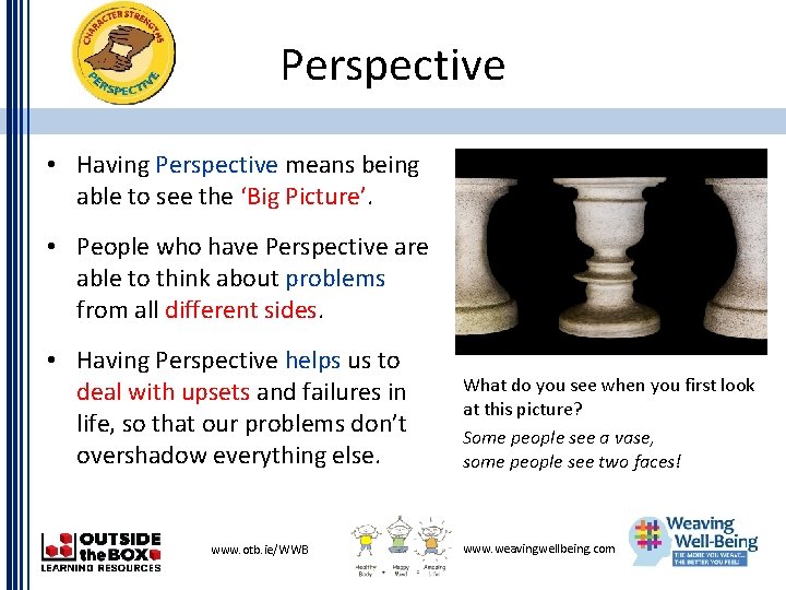 Perspective • Having Perspective means being able to see the ‘Big Picture’. • People