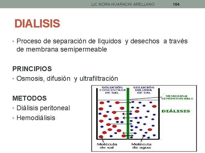 LIC. NORA HUARACHI ARELLANO 104 DIALISIS • Proceso de separación de líquidos y desechos