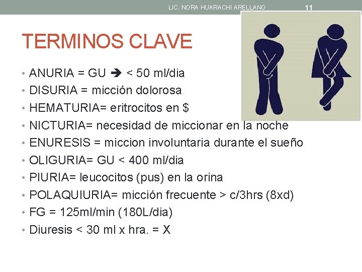 LIC. NORA HUARACHI ARELLANO TERMINOS CLAVE • ANURIA = GU < 50 ml/dia •