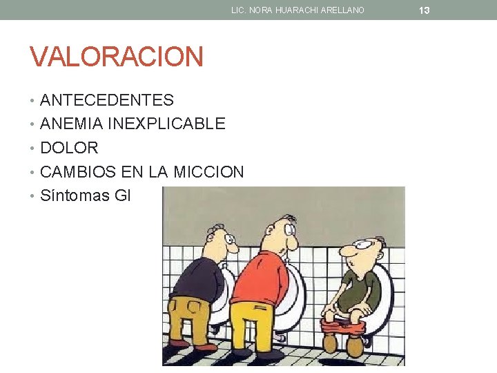 LIC. NORA HUARACHI ARELLANO VALORACION • ANTECEDENTES • ANEMIA INEXPLICABLE • DOLOR • CAMBIOS