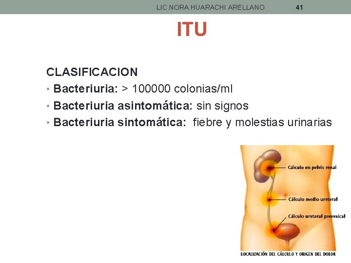 LIC. NORA HUARACHI ARELLANO 41 ITU CLASIFICACION • Bacteriuria: > 100000 colonias/ml • Bacteriuria