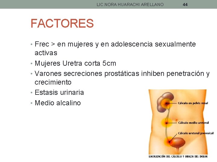LIC. NORA HUARACHI ARELLANO 44 FACTORES • Frec > en mujeres y en adolescencia