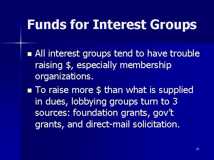 Funds for Interest Groups All interest groups tend to have trouble raising $, especially