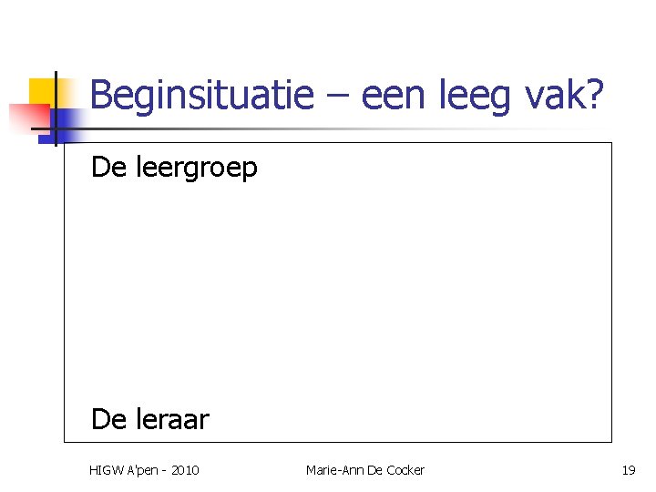 Beginsituatie – een leeg vak? De leergroep De leraar HIGW A'pen - 2010 Marie-Ann