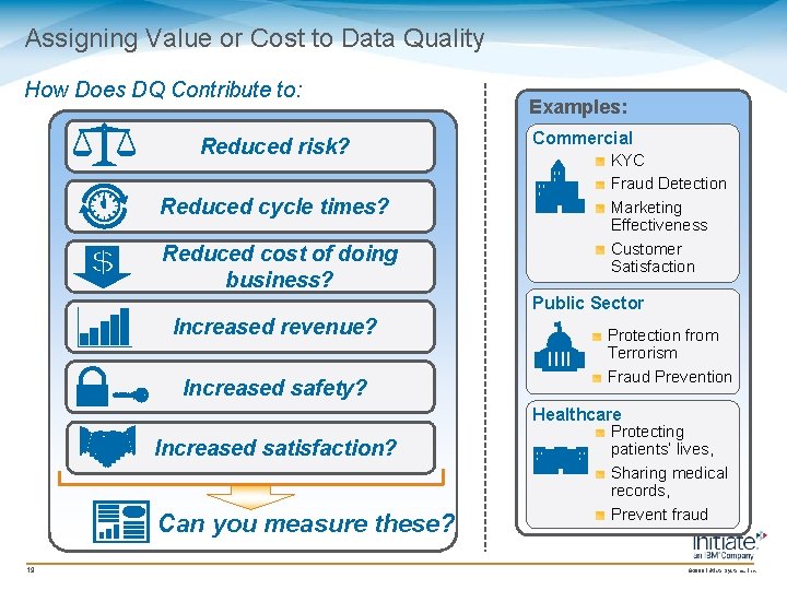 Assigning Value or Cost to Data Quality How Does DQ Contribute to: Reduced risk? Assigning Value or Cost to Data Quality How Does DQ Contribute to: Reduced risk?