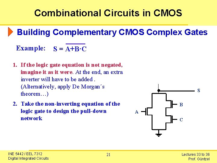 Combinational Circuits in CMOS Building Complementary CMOS Complex Gates Example: S = A+B·C 1.