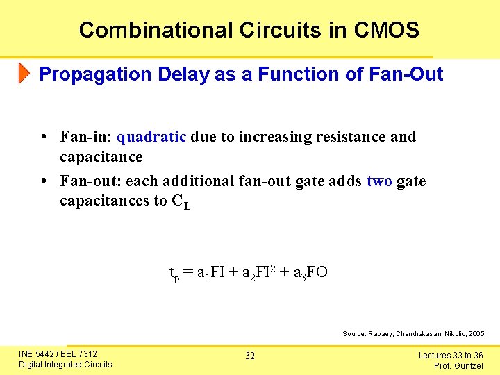 Combinational Circuits in CMOS Propagation Delay as a Function of Fan-Out • Fan-in: quadratic