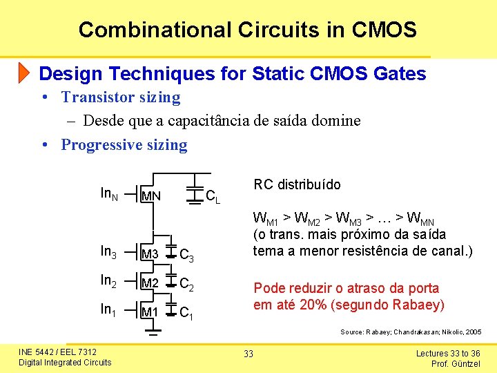 Combinational Circuits in CMOS Design Techniques for Static CMOS Gates • Transistor sizing –