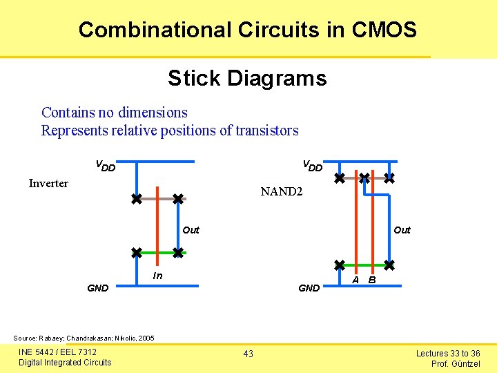 Combinational Circuits in CMOS Stick Diagrams Contains no dimensions Represents relative positions of transistors