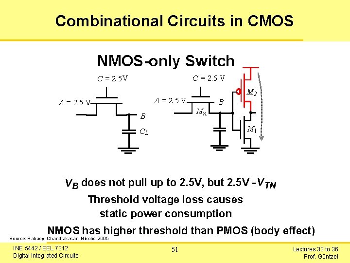 Combinational Circuits in CMOS NMOS-only Switch C = 2. 5 V C = 2.