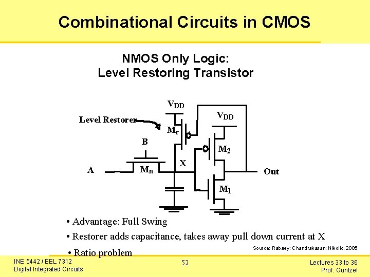 Combinational Circuits in CMOS NMOS Only Logic: Level Restoring Transistor VDD Level Restorer VDD