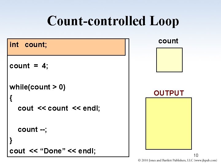 Count-controlled Loop int count; count = 4; while(count > 0) { cout << count