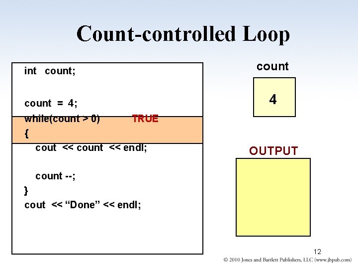 Count-controlled Loop int count; count = 4; 4 while(count > 0) TRUE { cout