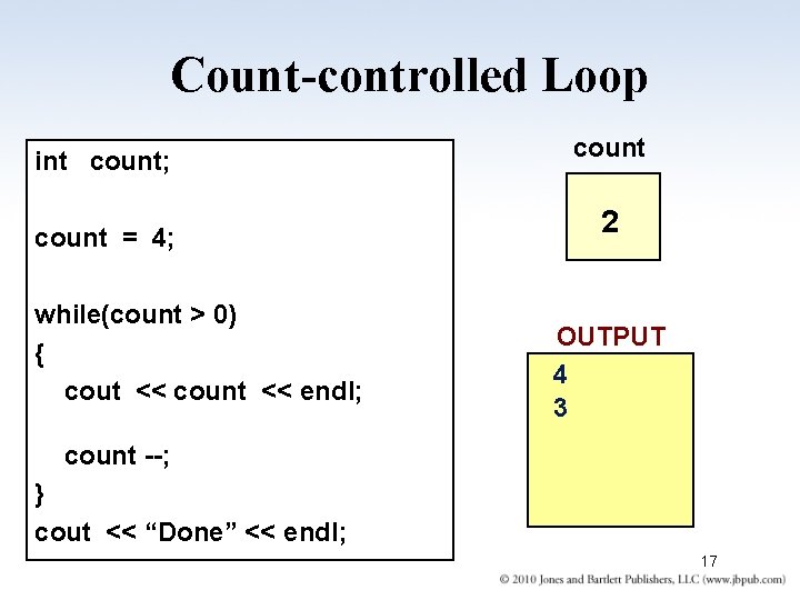 Count-controlled Loop int count; count = 4; while(count > 0) { cout << count