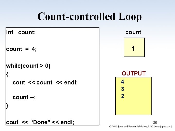 Count-controlled Loop int count; count = 4; 1 while(count > 0) { cout <<