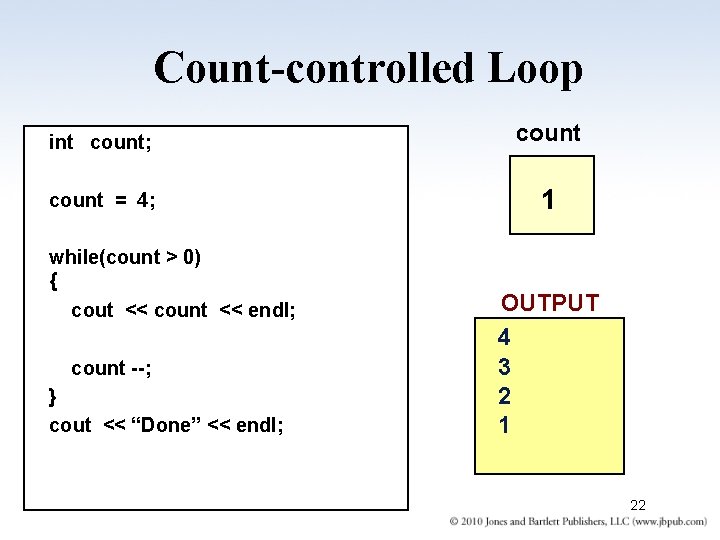 Count-controlled Loop int count; count = 4; 1 while(count > 0) { cout <<