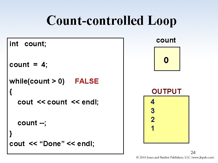 Count-controlled Loop int count; count = 4; while(count > 0) FALSE { cout <<