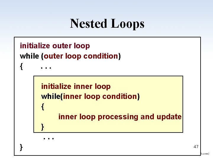 Nested Loops initialize outer loop while (outer loop condition) {. . . initialize inner