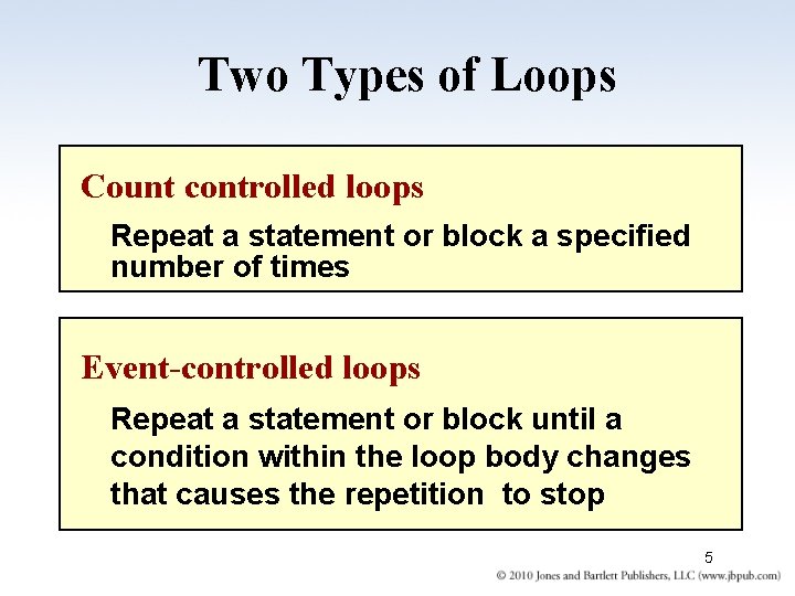 Two Types of Loops Count controlled loops Repeat a statement or block a specified