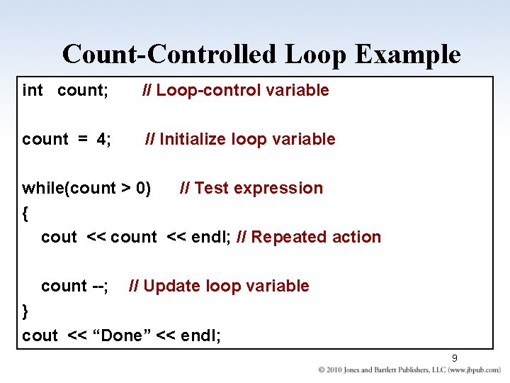 Count-Controlled Loop Example int count; // Loop-control variable count = 4; // Initialize loop