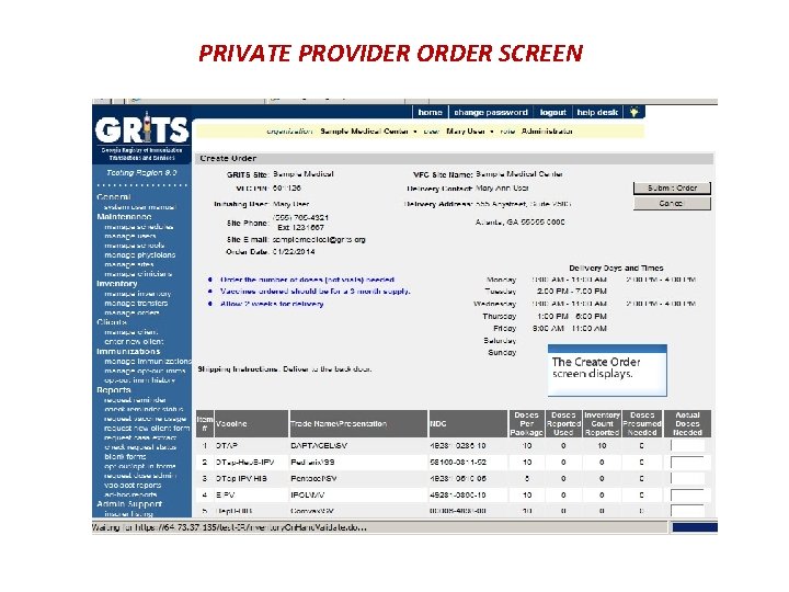 PRIVATE PROVIDER ORDER SCREEN 