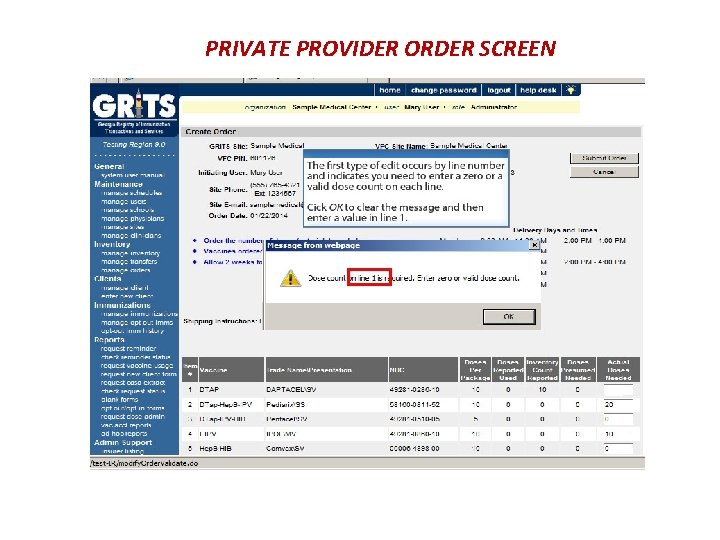 PRIVATE PROVIDER ORDER SCREEN 