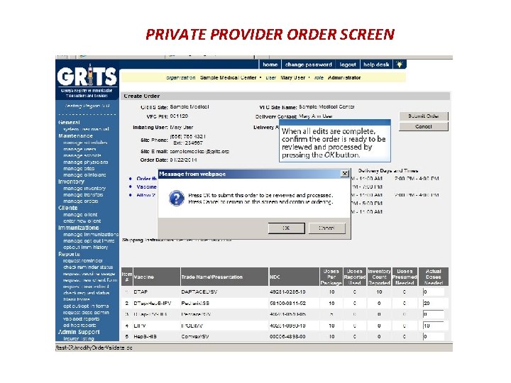 PRIVATE PROVIDER ORDER SCREEN 