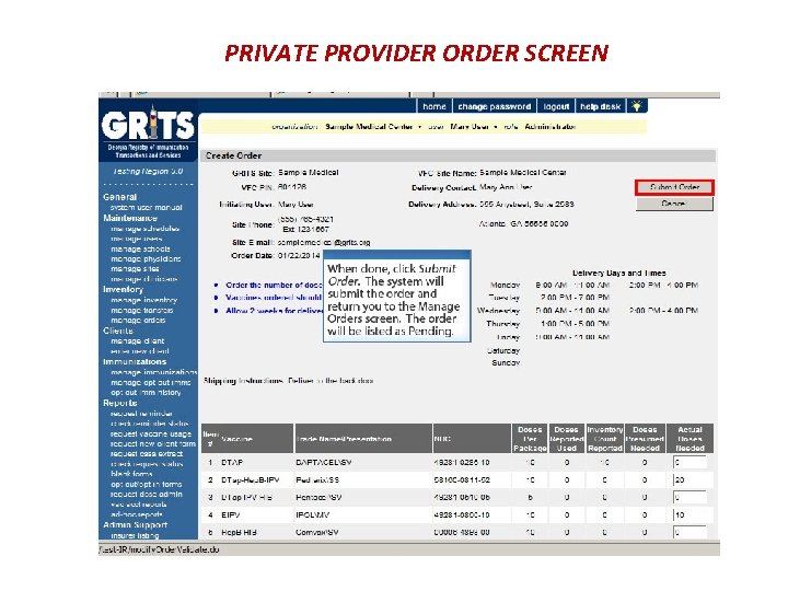 PRIVATE PROVIDER ORDER SCREEN 