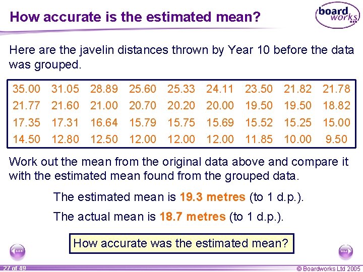 How accurate is the estimated mean? Here are the javelin distances thrown by Year