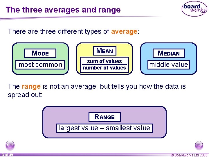 The three averages and range There are three different types of average: MODE MEAN