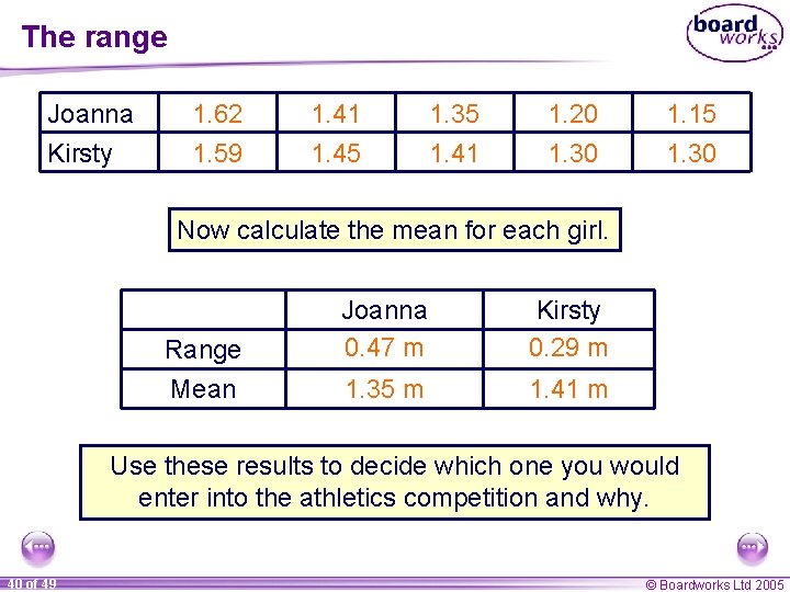 The range Joanna Kirsty 1. 62 1. 59 1. 41 1. 45 1. 35