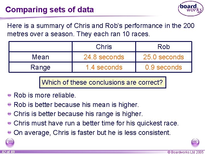 Comparing sets of data Here is a summary of Chris and Rob’s performance in