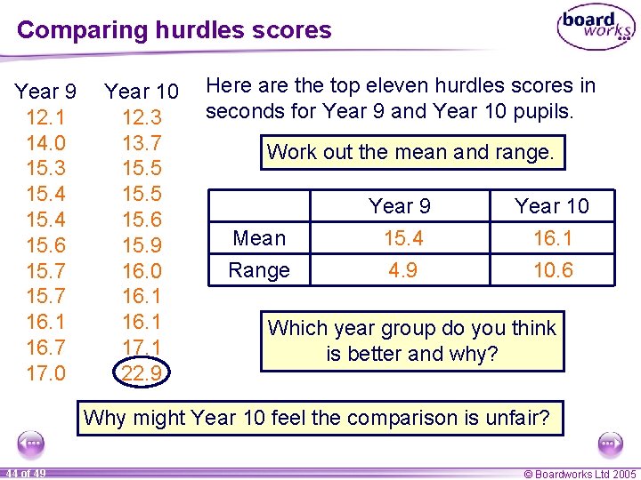 Comparing hurdles scores Year 9 12. 1 14. 0 15. 3 15. 4 15.