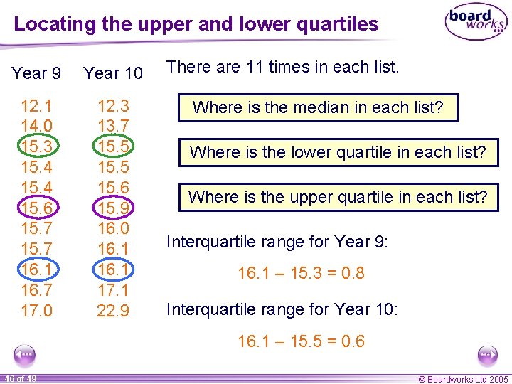 Locating the upper and lower quartiles Year 9 Year 10 12. 1 14. 0