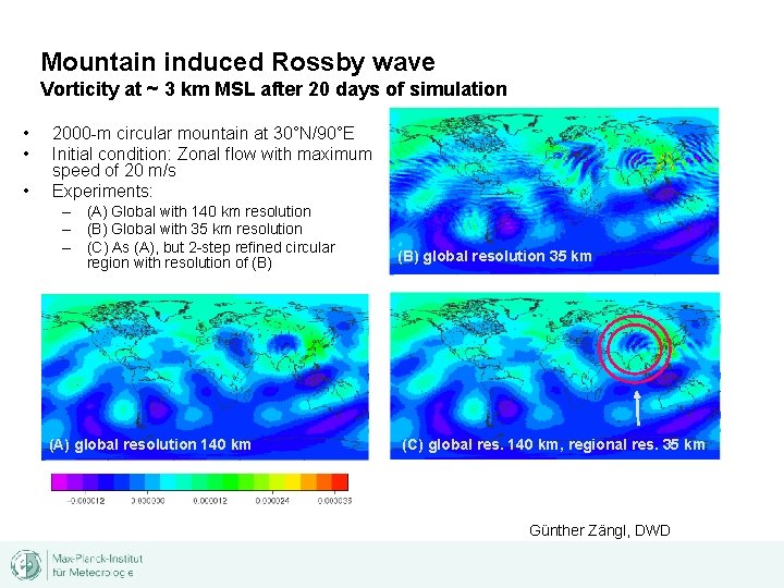 Mountain induced Rossby wave Vorticity at ~ 3 km MSL after 20 days of