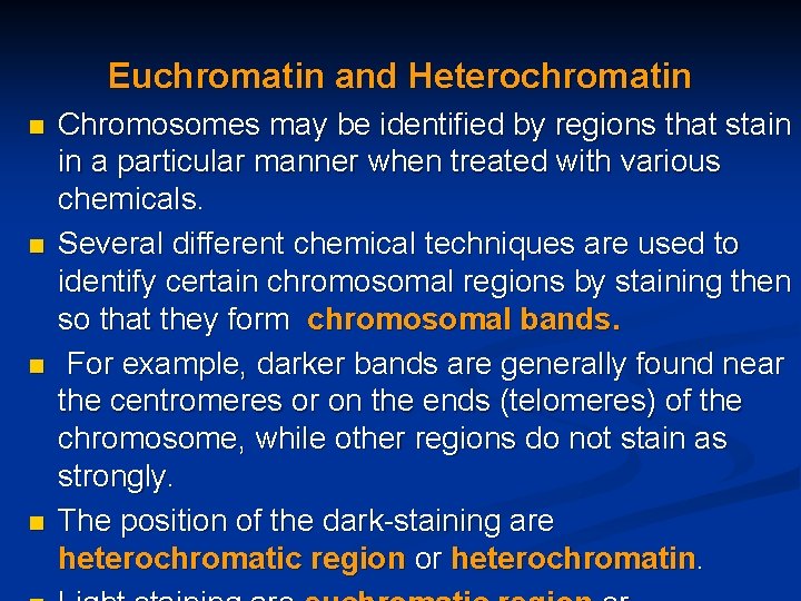 Euchromatin and Heterochromatin n n Chromosomes may be identified by regions that stain in