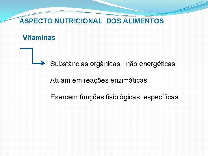 ASPECTO NUTRICIONAL DOS ALIMENTOS Vitaminas Substâncias orgânicas, não energéticas Atuam em reações enzimáticas Exercem