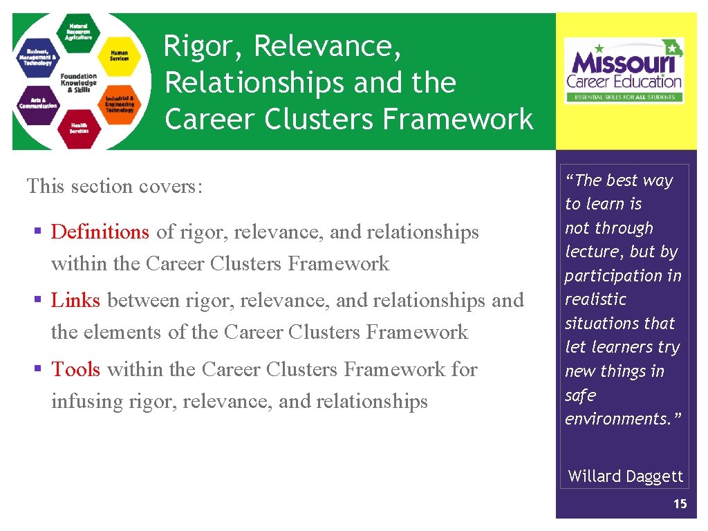 Rigor, Relevance, Relationships and the Career Clusters Framework This section covers: § Definitions of