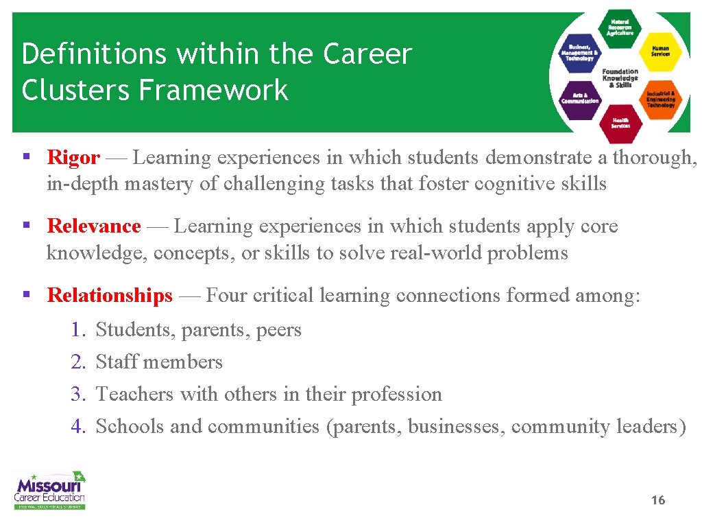 Definitions within the Career Clusters Framework § Rigor — Learning experiences in which students