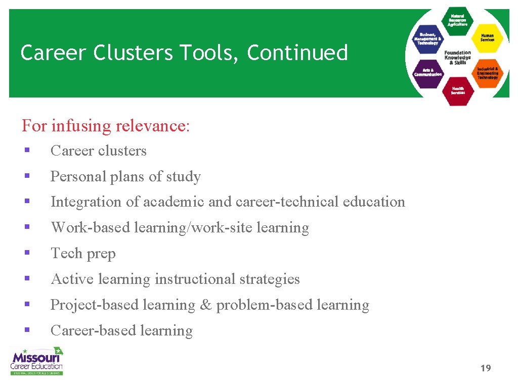 Career Clusters Tools, Continued For infusing relevance: § Career clusters § Personal plans of