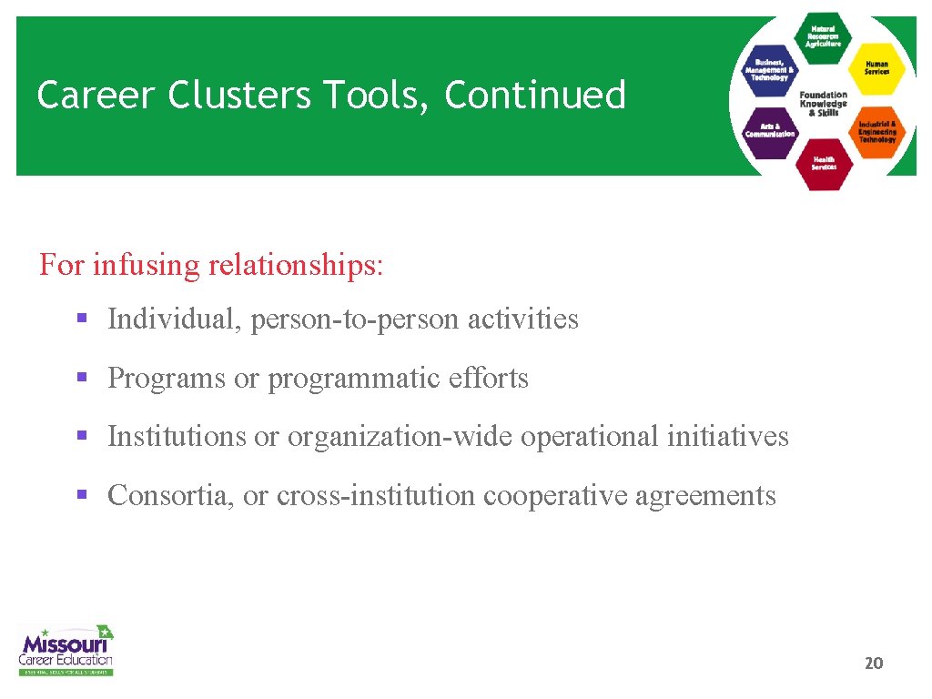 Career Clusters Tools, Continued For infusing relationships: § Individual, person-to-person activities § Programs or