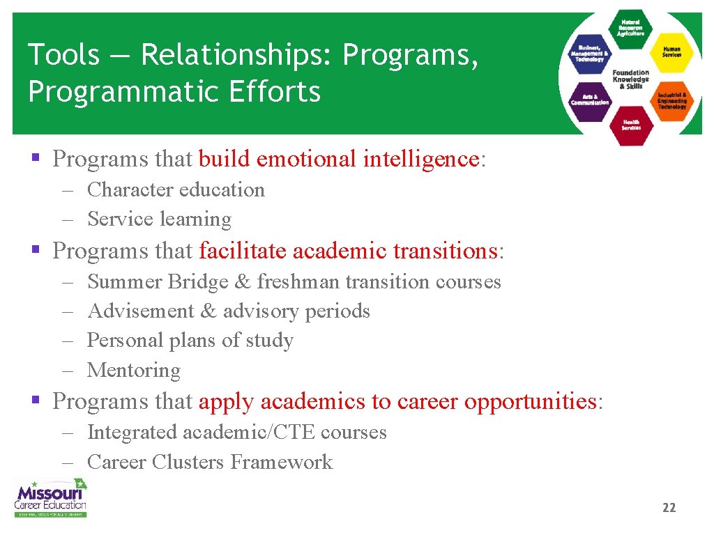 Tools — Relationships: Programs, Programmatic Efforts § Programs that build emotional intelligence: – Character