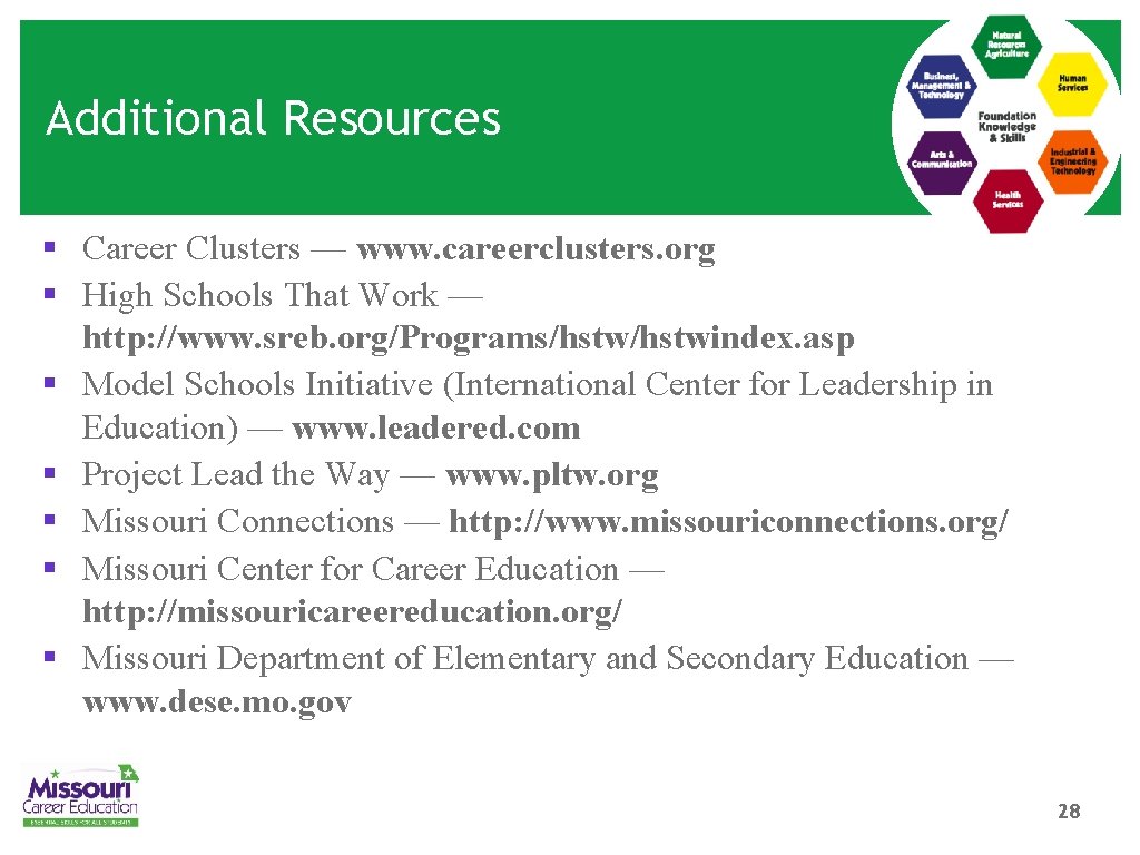 Additional Resources § Career Clusters — www. careerclusters. org § High Schools That Work