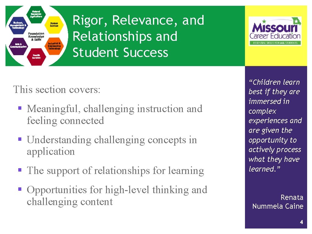 Rigor, Relevance, and Relationships and Student Success This section covers: § Meaningful, challenging instruction