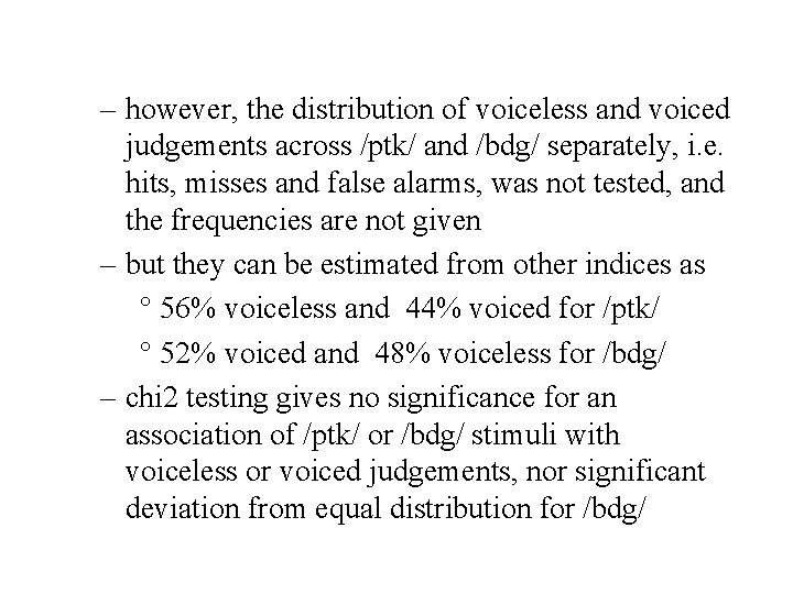 – however, the distribution of voiceless and voiced judgements across /ptk/ and /bdg/ separately,