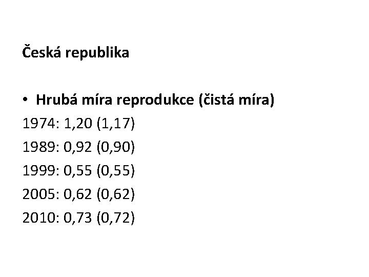 Česká republika • Hrubá míra reprodukce (čistá míra) 1974: 1, 20 (1, 17) 1989: